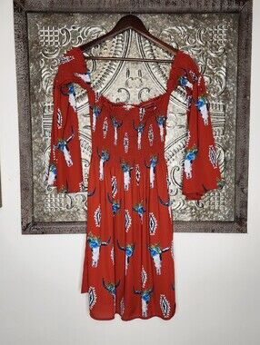 Berry N Cream Rustic Boho Off-Shoulder Smocked Floral Steer-Print Dress Large